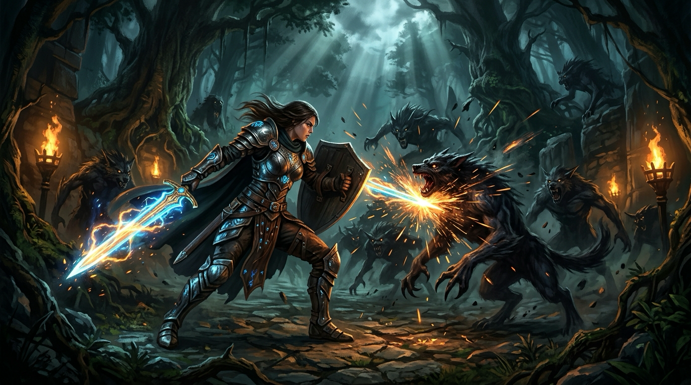 A hero faces a shadowy beast in celestial combat