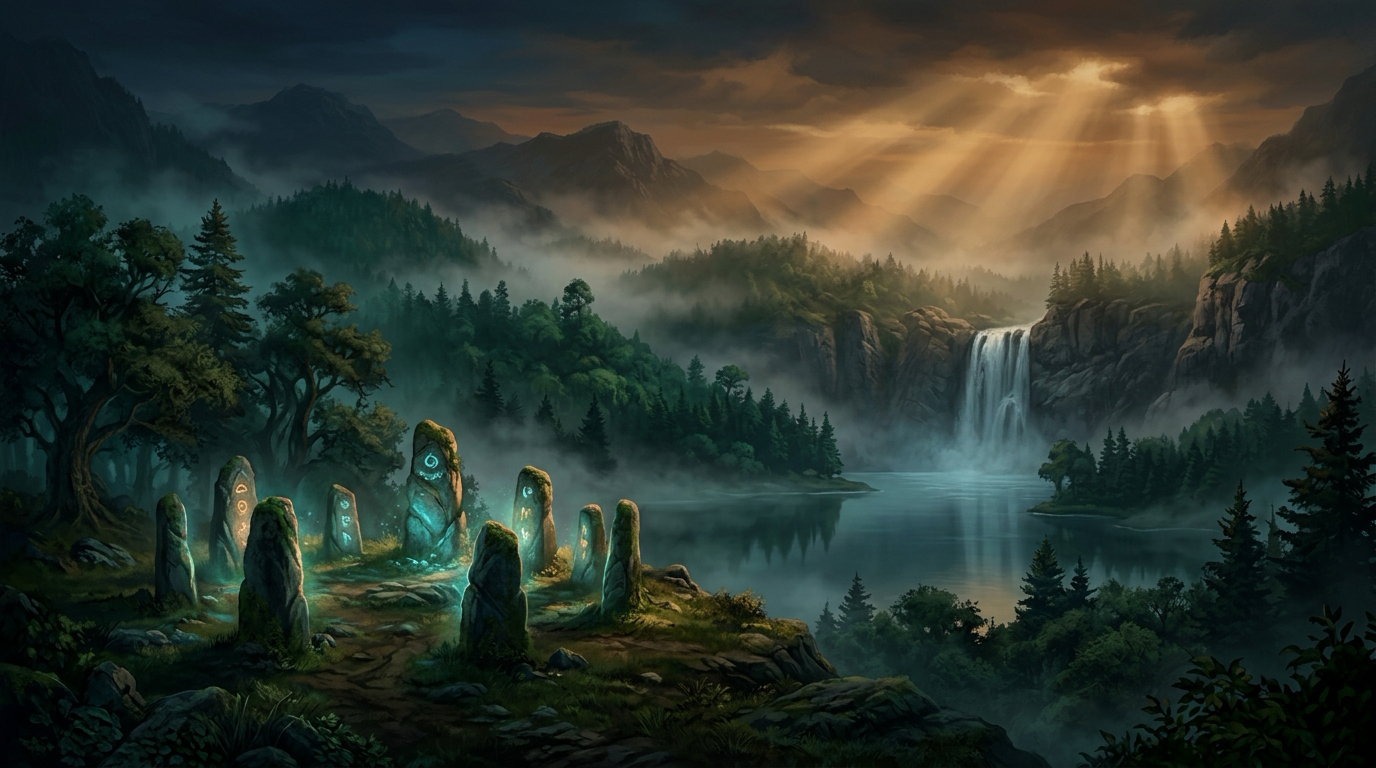 The Emerald March — waterfall and Waystone circle